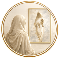 Veiled woman in soft cream robes gazing at a framed painting of a dove, in warm golden tones