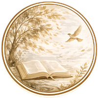 Open book resting in a landscape beneath a golden tree, with a dove in flight overhead