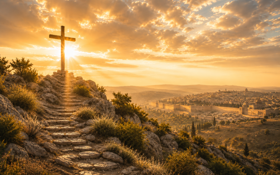Wooden cross on a rocky hill overlooking Jerusalem in radiant golden light.