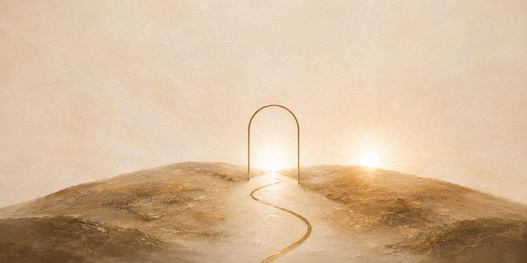 A slender golden gate standing alone on a hill, with a winding path leading to it and light breaking through the archway at sunrise.