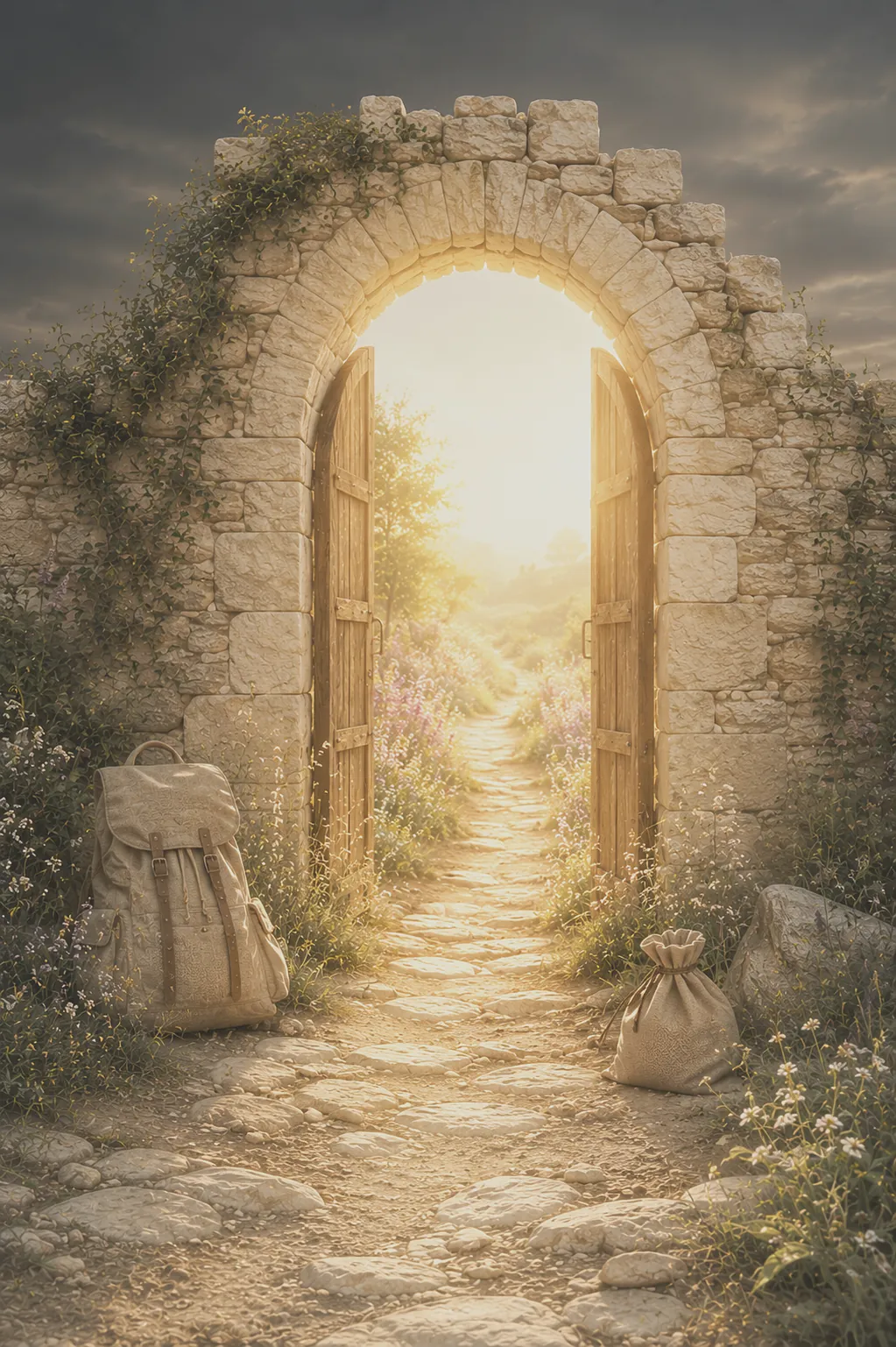 Open stone gate at sunrise with a backpack and cloth bundle set down on the path outside it.